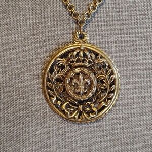Vintage Signed Coro Fleur de Lis Pendant with Chain